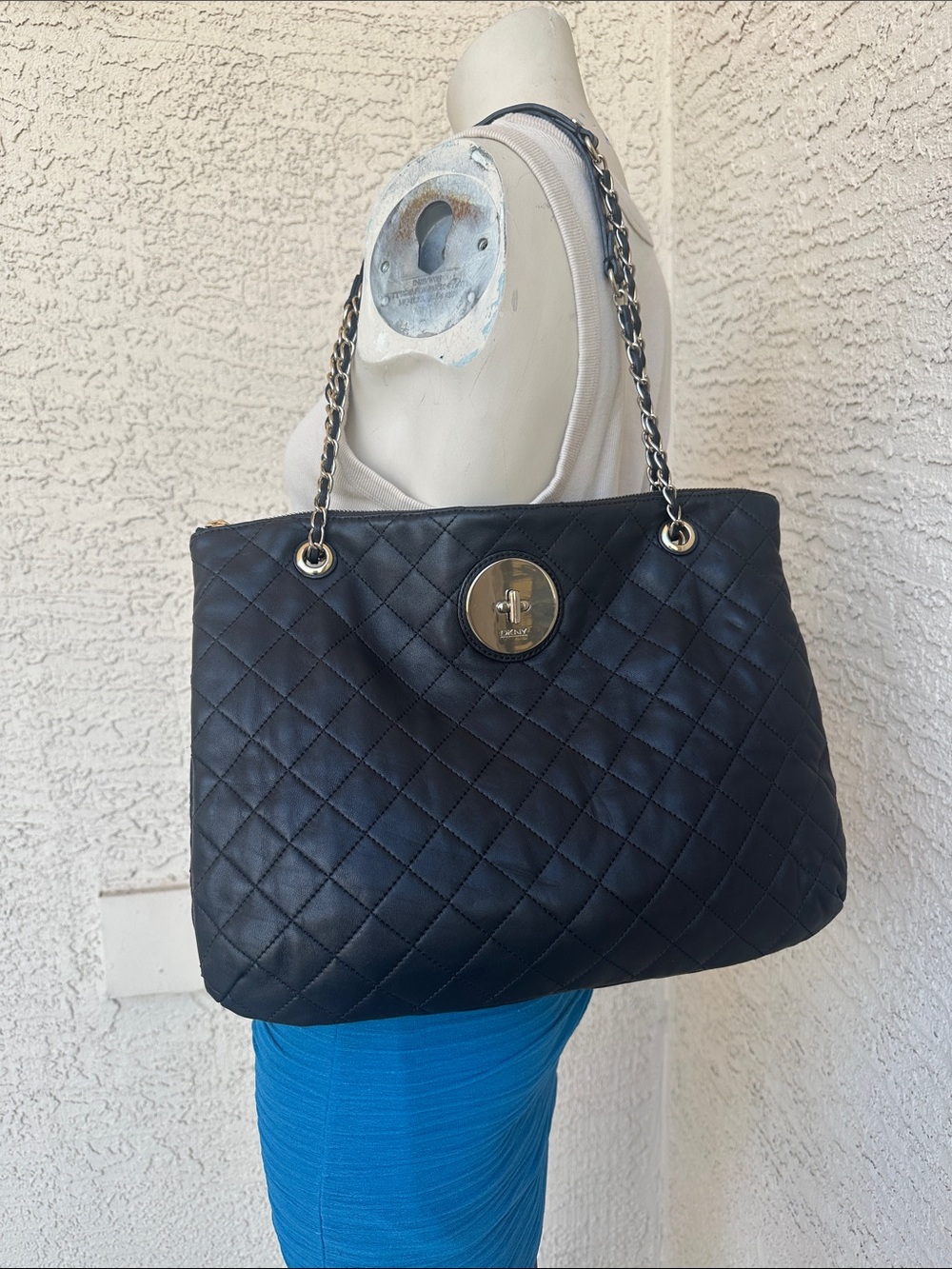 DKNY Black Quilted Leather Shoulder Tote with Chain Straps